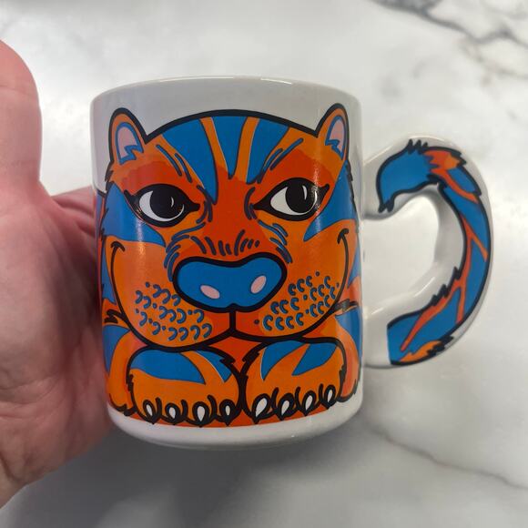 The Love Mug JC 4 Orange Blue Striped Wild Cat Coffee Mug Tail on Handle Vintage - Picture 1 of 4
